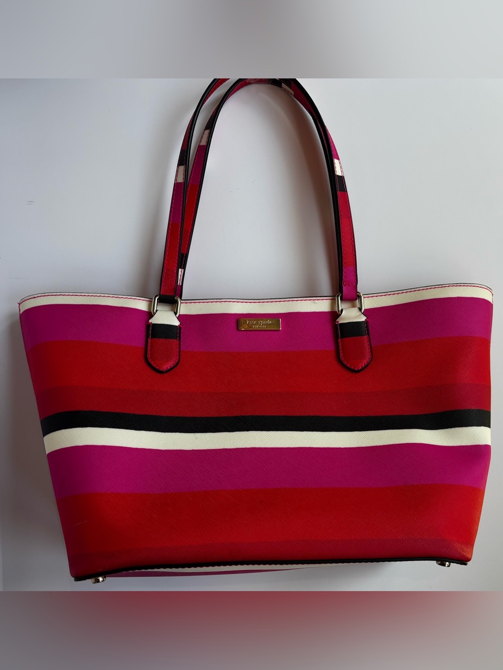 Kate Spade New York Large Striped Tote Bag Pink Red Black White Gold Hardware